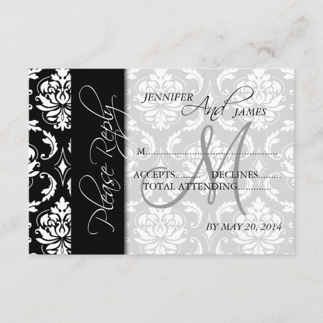 Wedding RSVP Cards Black Damask Monogram