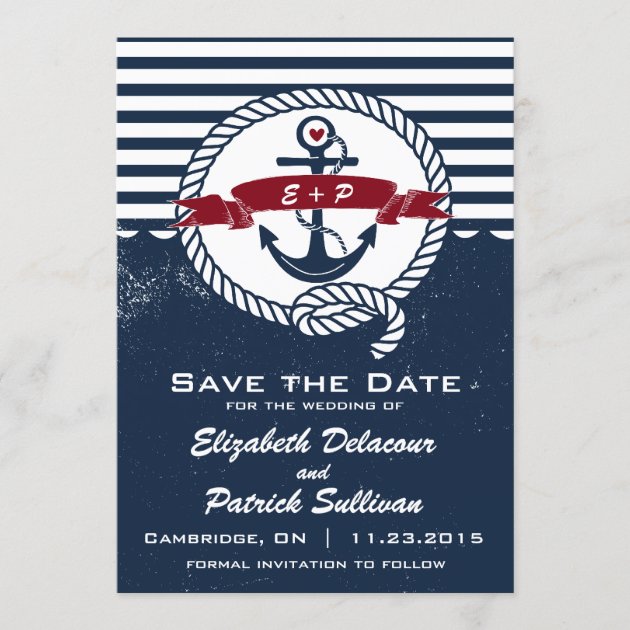 Navy Rustic Nautical Save The Date Announcement (front side)