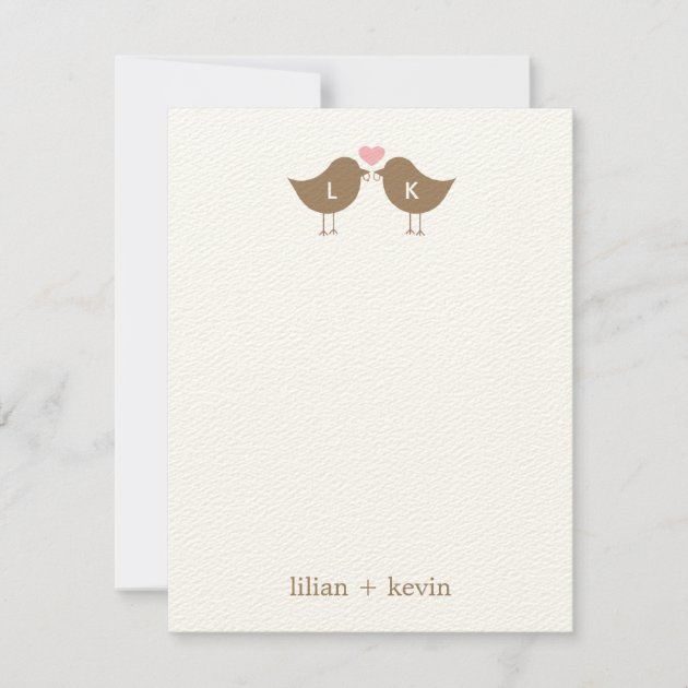 Monogram Birds Wedding Flat Thank You Card - Latte