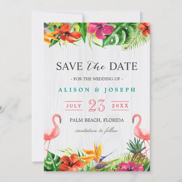 Save The Date | Luau Tropical Floral Flamingo (front side)