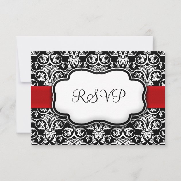 Black/White/Red Ribbon Damask Wedding RSVP Reply