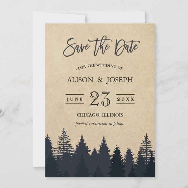 Rustic Pine Trees Kraft Wedding Save the Date (front side)