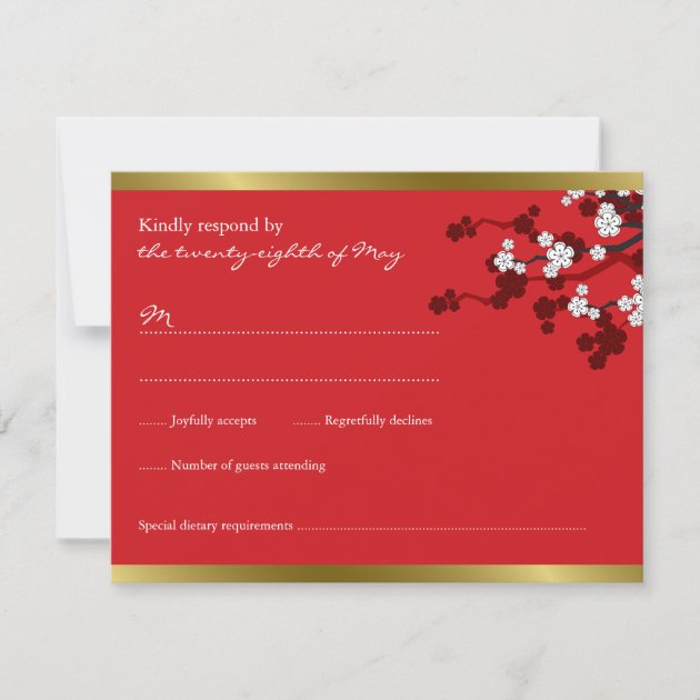 Cherry Blossoms Double Happiness Chinese Wedding RSVP Card (front side)