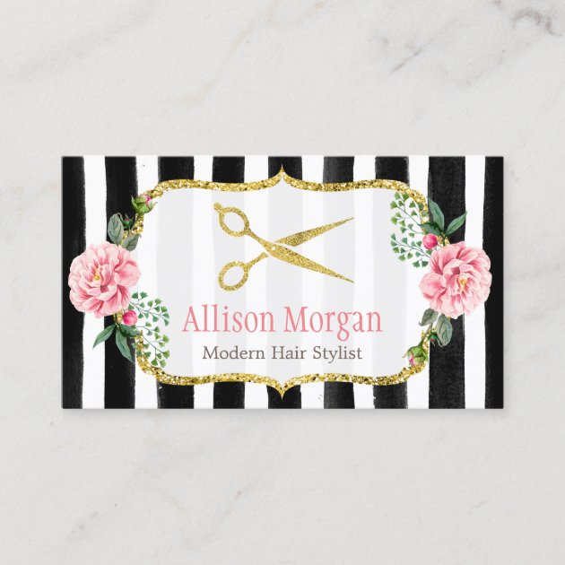 Modern Hair Stylist Girly Gold Pink Floral Striped Business Card (front side)