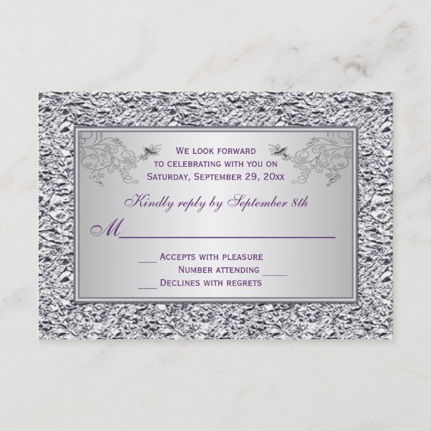 Purple and FAUX Silver Foil Floral RSVP Card II