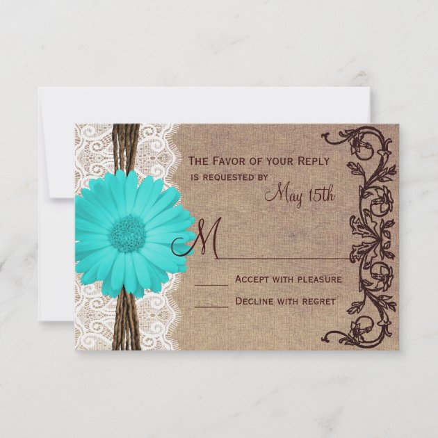 Rustic Teal Gerber Daisy Lace Wedding RSVP Cards