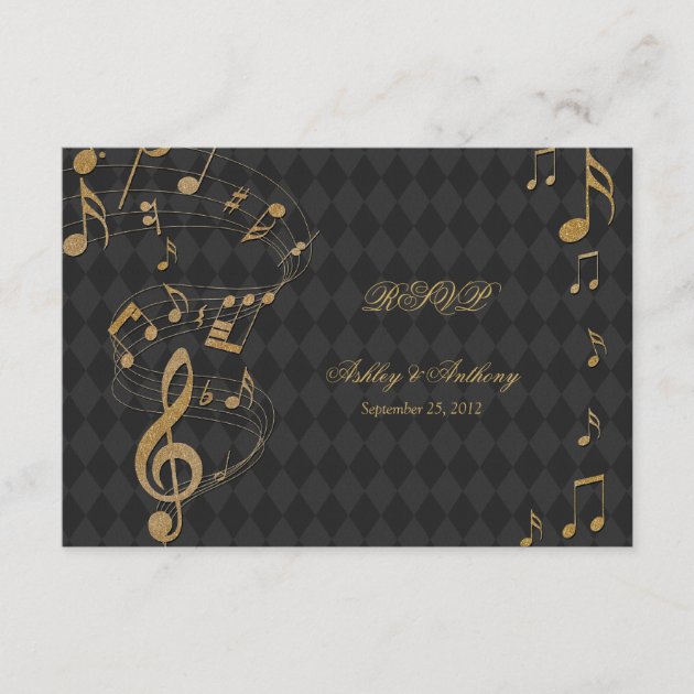 Black Gold Harlequin Music Notes Wedding RSVP card