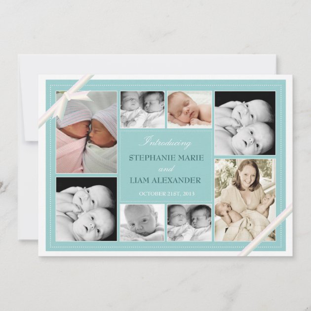 Twin Baby Photo Collage Baby Announcement | Teal