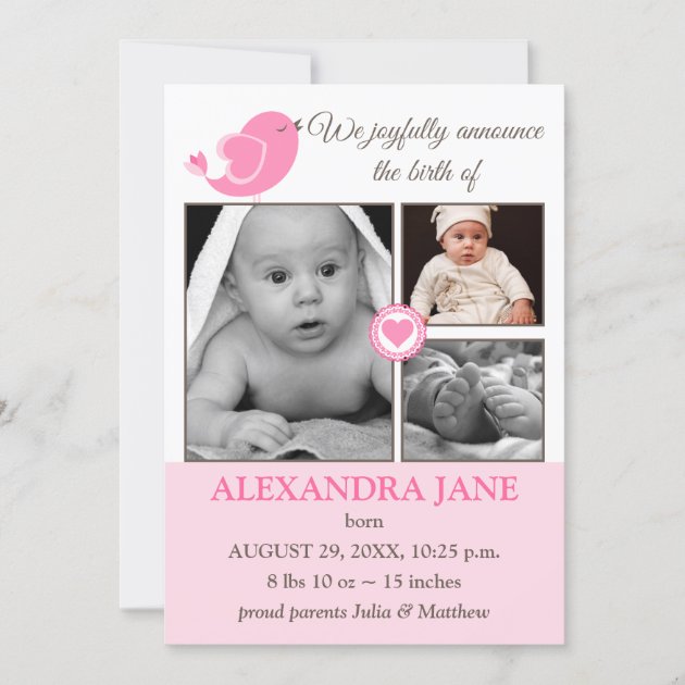 Little Bird Hearts Baby Photo Birth Announcement (front side)