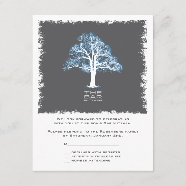Tree of Life Bar Mitzvah Reply Card, Blue & Gray RSVP Card