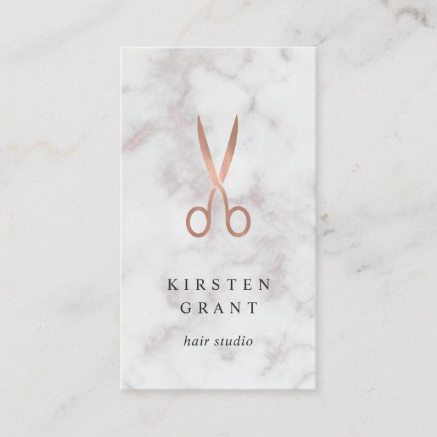 Marble & Rose Gold Scissors Hairstylist Business Card (front side)