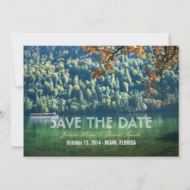 Mountain Lake Fall Wedding Save the Date Cards (front side)