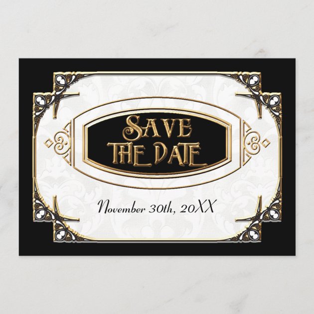 Art Deco Great Gatsby Style Typography n Lace Gold Save The Date