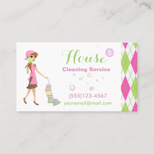 Trendy Cartoon Maid House Cleaning Services Business Card (front side)