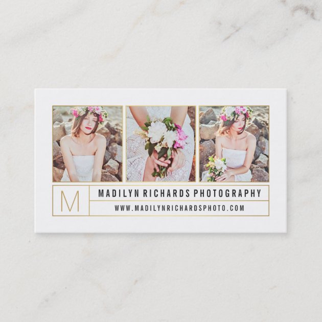 Modern elegant white chic gold lines photography business card (front side)