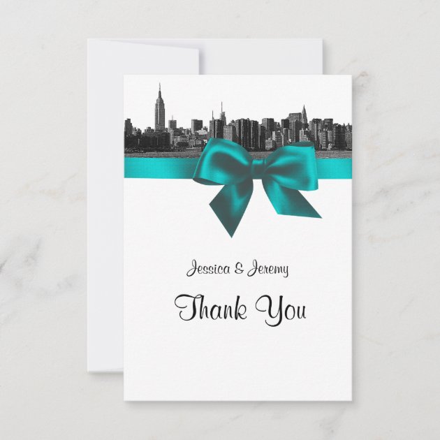 NYC Wide Skyline Etched BW Teal Thank You