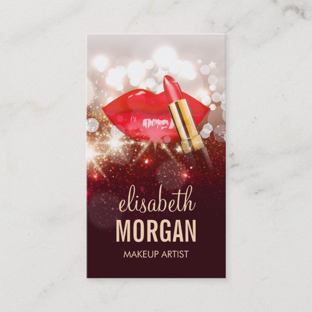 Glamor Red Lips Gold Glitter Sparkle Makeup Artist Business Card (front side)
