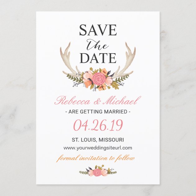 Floral White Antler Boho Wedding Save the Date (front side)