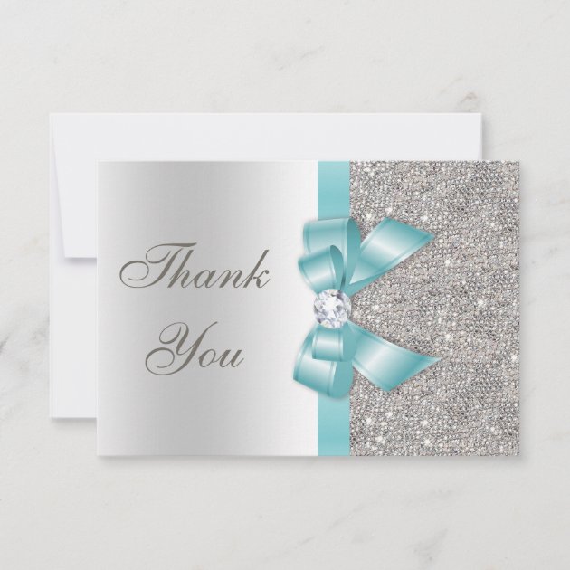 Teal Faux Bow Silver Diamonds Thank You (front side)