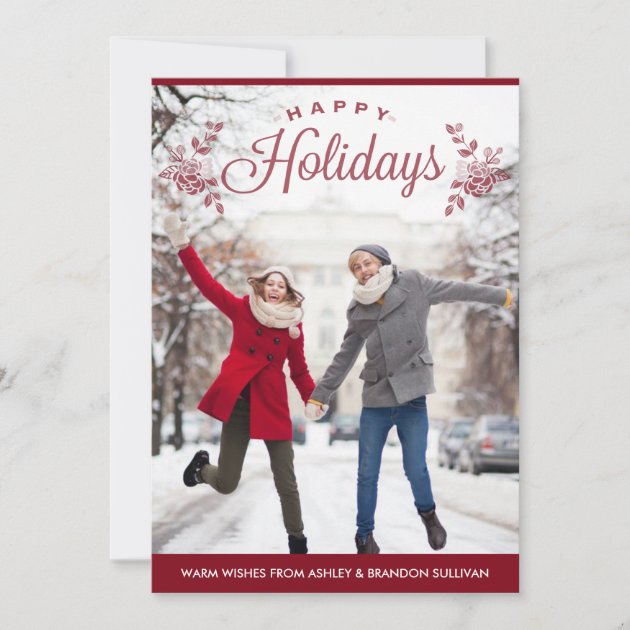 Red Happy Holidays Typography Holiday Photo Card (front side)