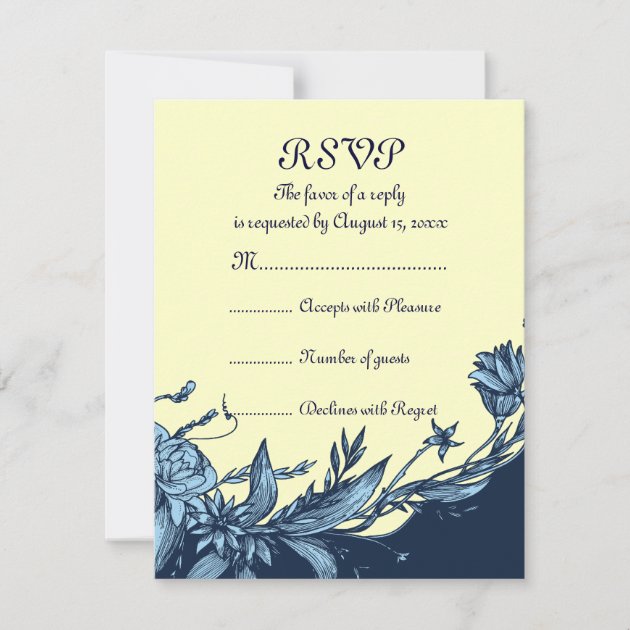 Vintage blue flowers pale yellow flowers RSVP card
