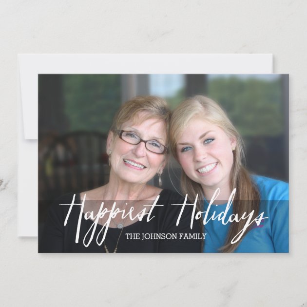 Happiest Holidays Modern Full Photo - White Type Holiday Card (front side)
