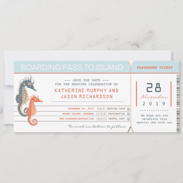 boarding pass save the date tickets with seahorses