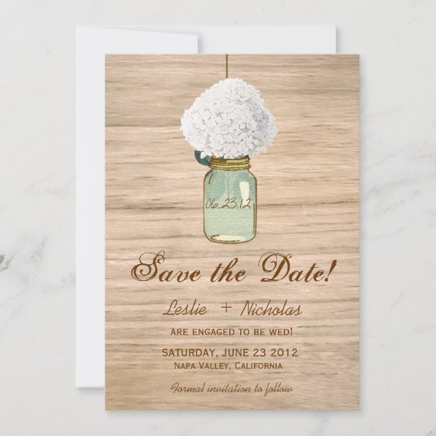 Country Rustic Mason Jar Hydrangea Save the Date (front side)