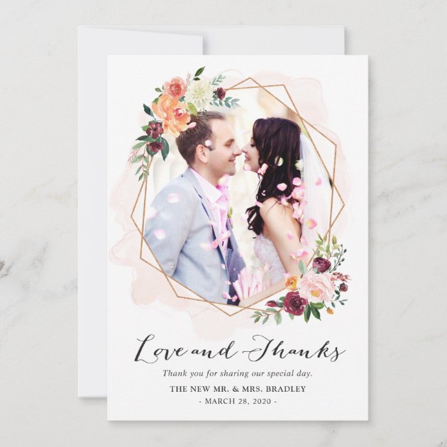 Modern Watercolor Floral Wedding Photo Thank You (front side)
