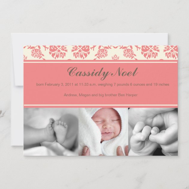 Damask with Ribbon Birth Announcement