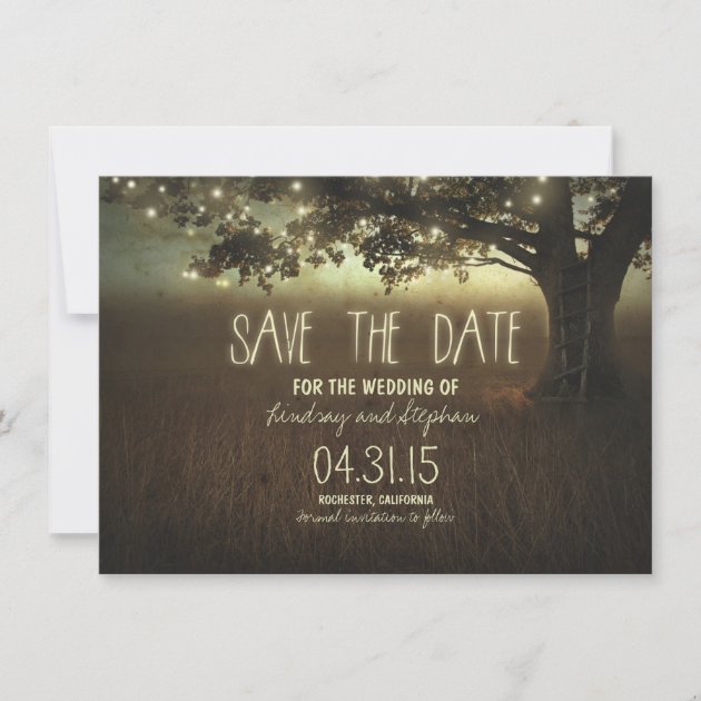 romantic night lights rustic save the date cards (front side)