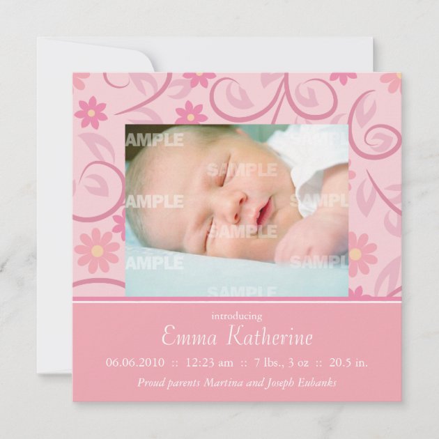 Curly Pink Floral Baby Announcement