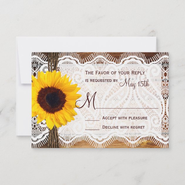 Country Barn Wood Lace Sunflower Wedding RSVP Card