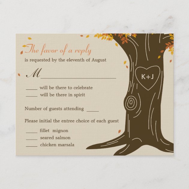 Oak Tree Fall Wedding RSVP Card w/ Menu Selection (front side)