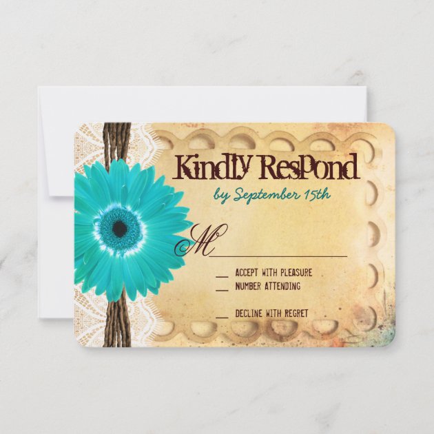 Rustic Teal Daisy Typography Wedding RSVP Cards