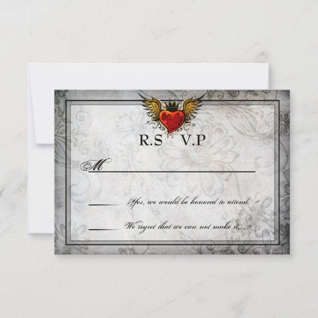 Vintage Urban Tattoo Winged Heart RSVP Cards (front side)