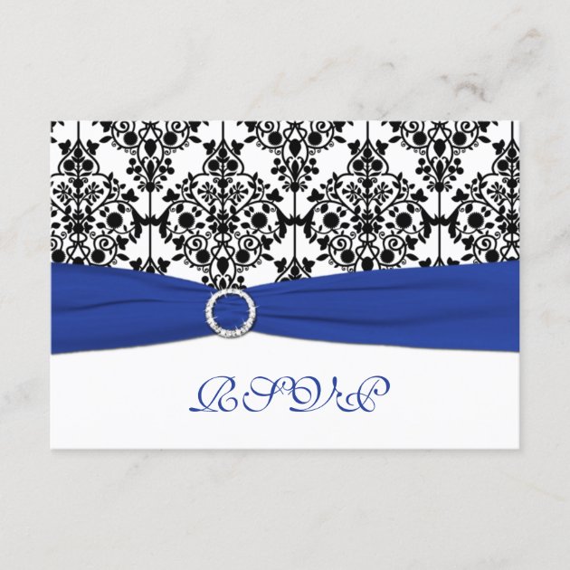 Royal Blue, White, Black Damask Reply Card