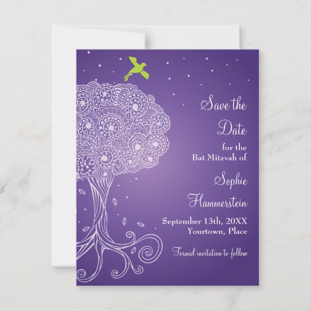 Tree of Life Purple Bat Mitzvah Save the Date (front side)