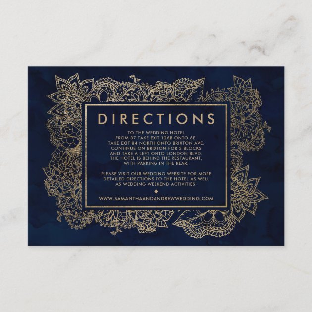 Floral Gold Navy Blue Watercolor Wedding Direction Enclosure Card