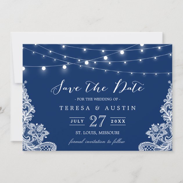 Navy Blue String Lights White Lace | Save the Date
