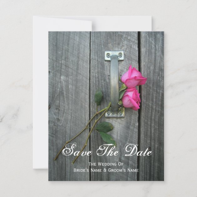 Barn Door and Pink Roses Wedding Save The Date (front side)