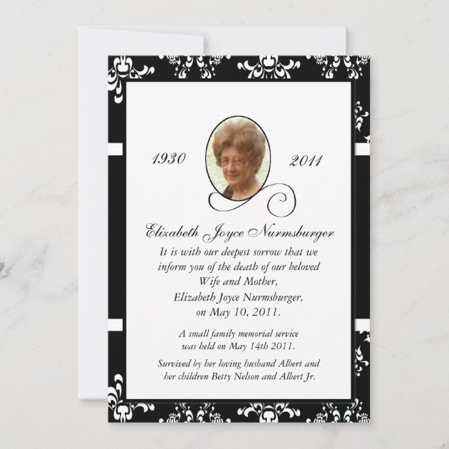 Black and White Damask Photo Death Announcement
