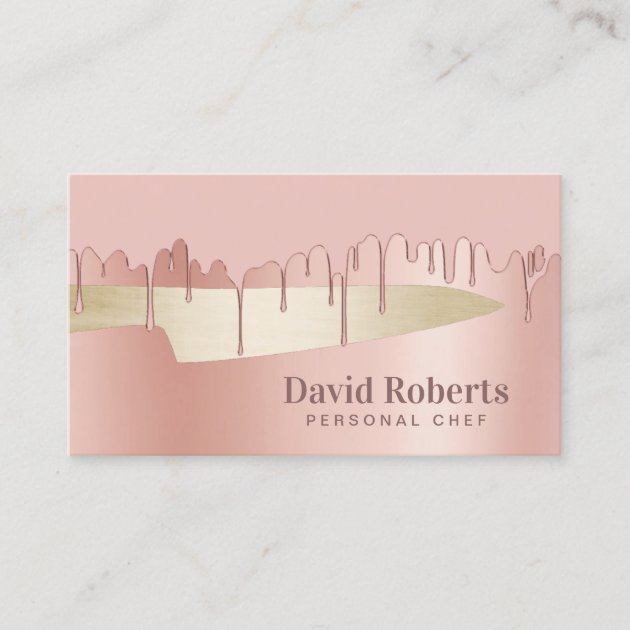 Chef Knife Catering Restaurant Modern Rose Gold Business Card (front side)