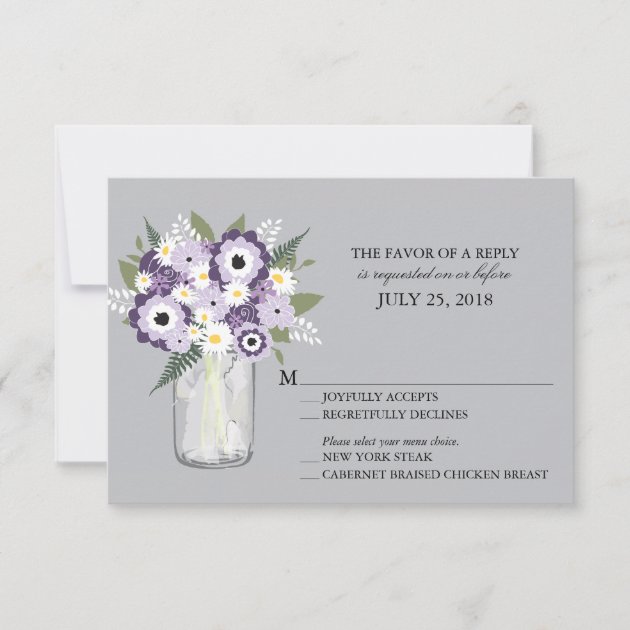 Purple Grey Flowers Mason Jar | Wedding RSVP