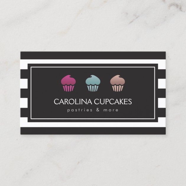 Luxury Striped Cupcake Trio Bakery Business Card (front side)