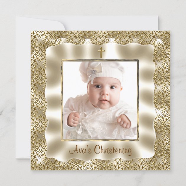 Ivory Gold Lace Baby Photo Baptism Christening Card