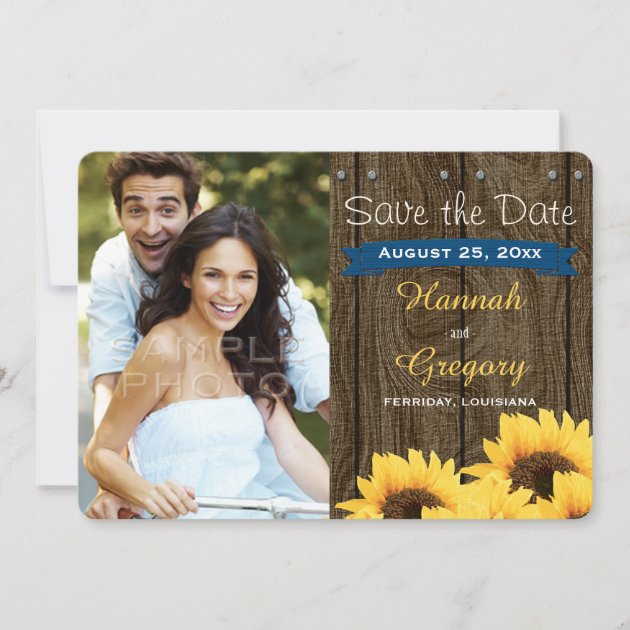 COBALT BLUE RUSTIC SUNFLOWER SAVE THE DATE CARD