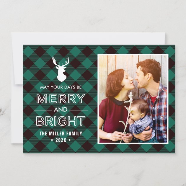 Green Buffalo Check Plaid Merry And Bright Photo Holiday Card