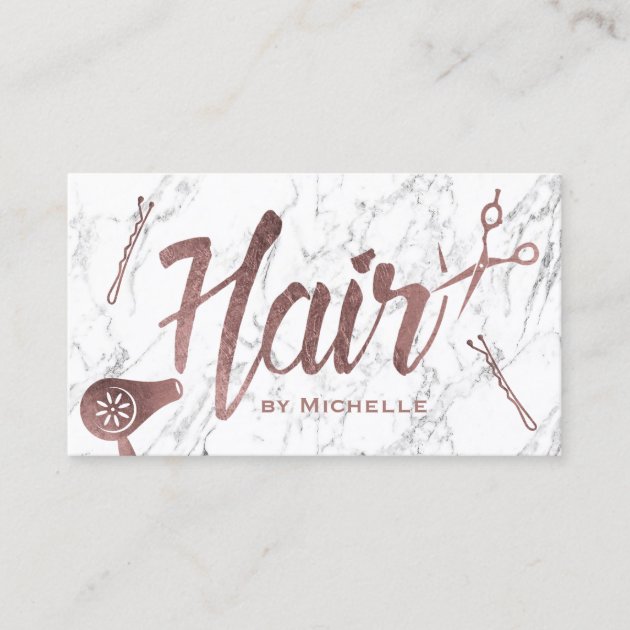 Hair Salon Rose Gold Typography White Marble Business Card (front side)