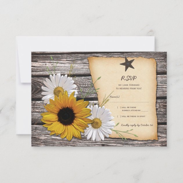 Rustic Sunflower Daisy Wedding Reply Card - Rev